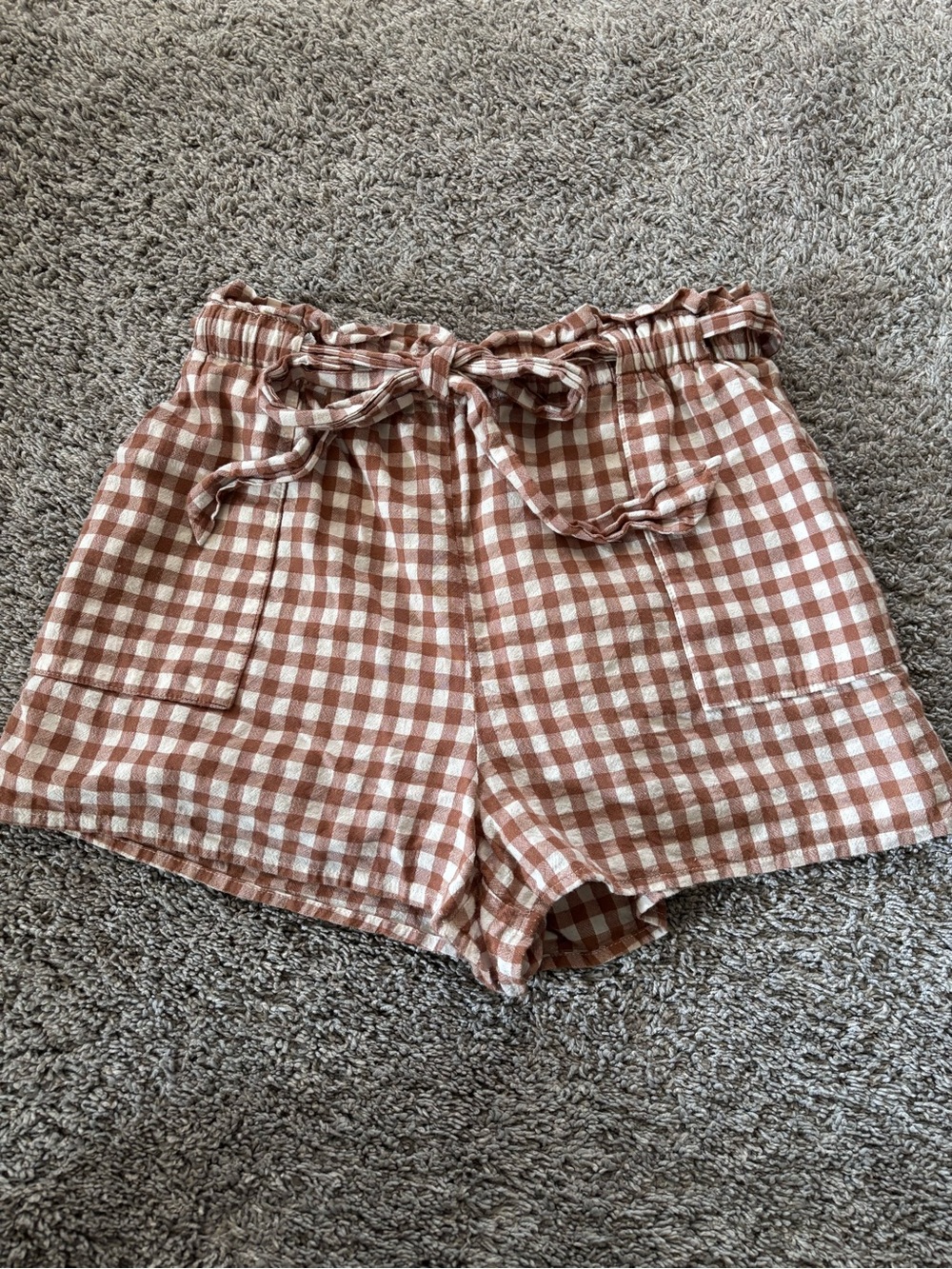 Lulu's Brown/White Gingham Lightweight Double Layer Shorts With Belt Women’s M